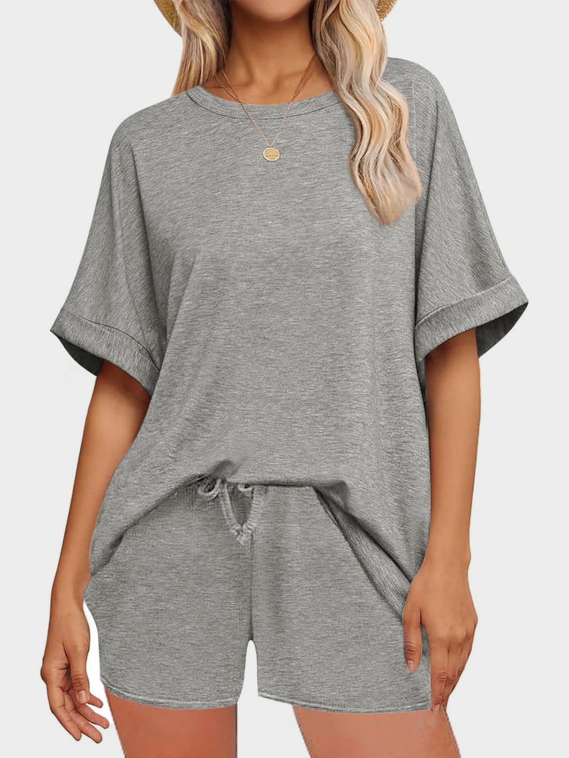 Comfortable and Stylish Round Neck T-Shirt and Drawstring Shorts Set.
