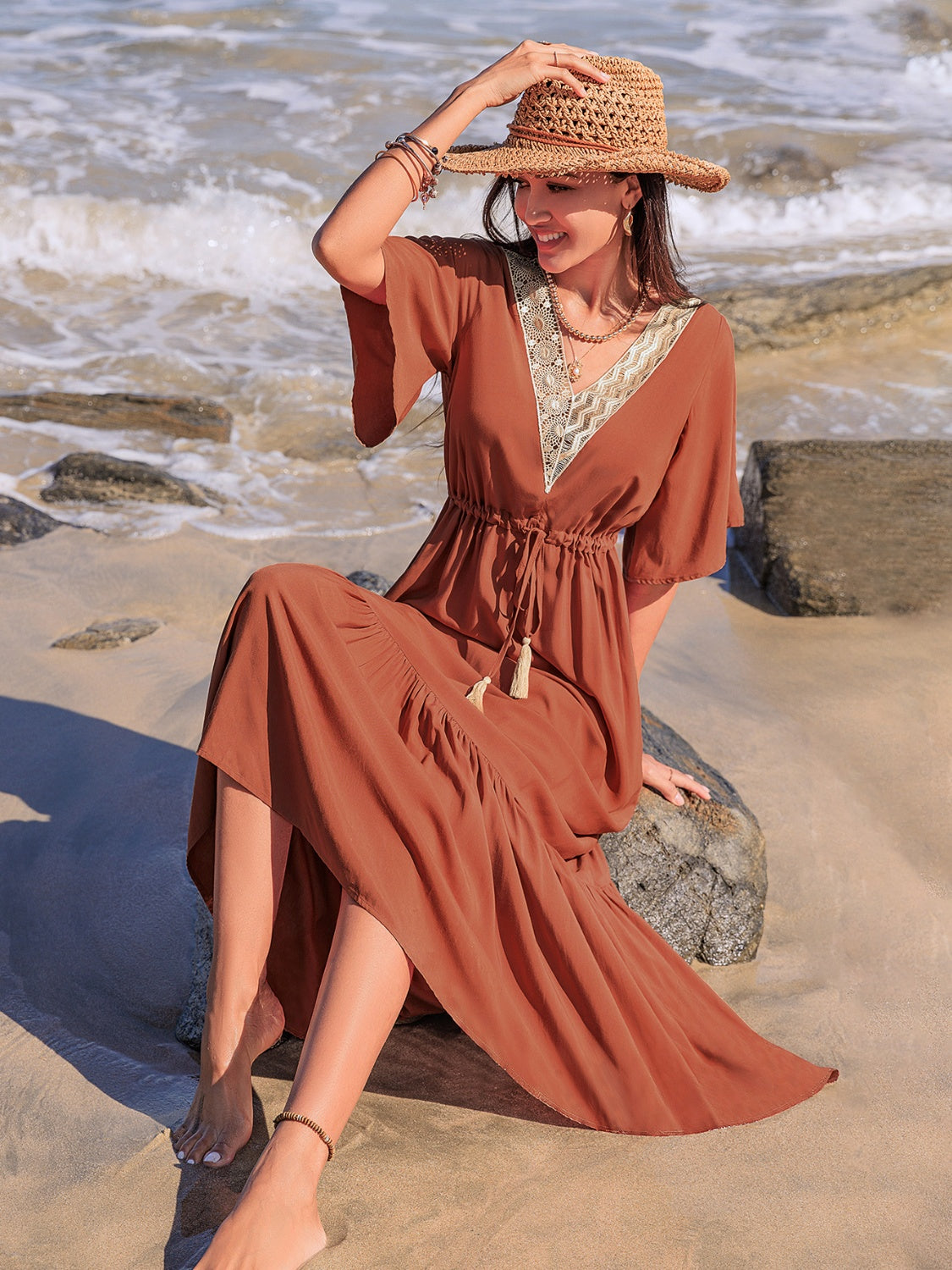 Ruffled Tassel V-Neck Flutter Sleeve Dress.