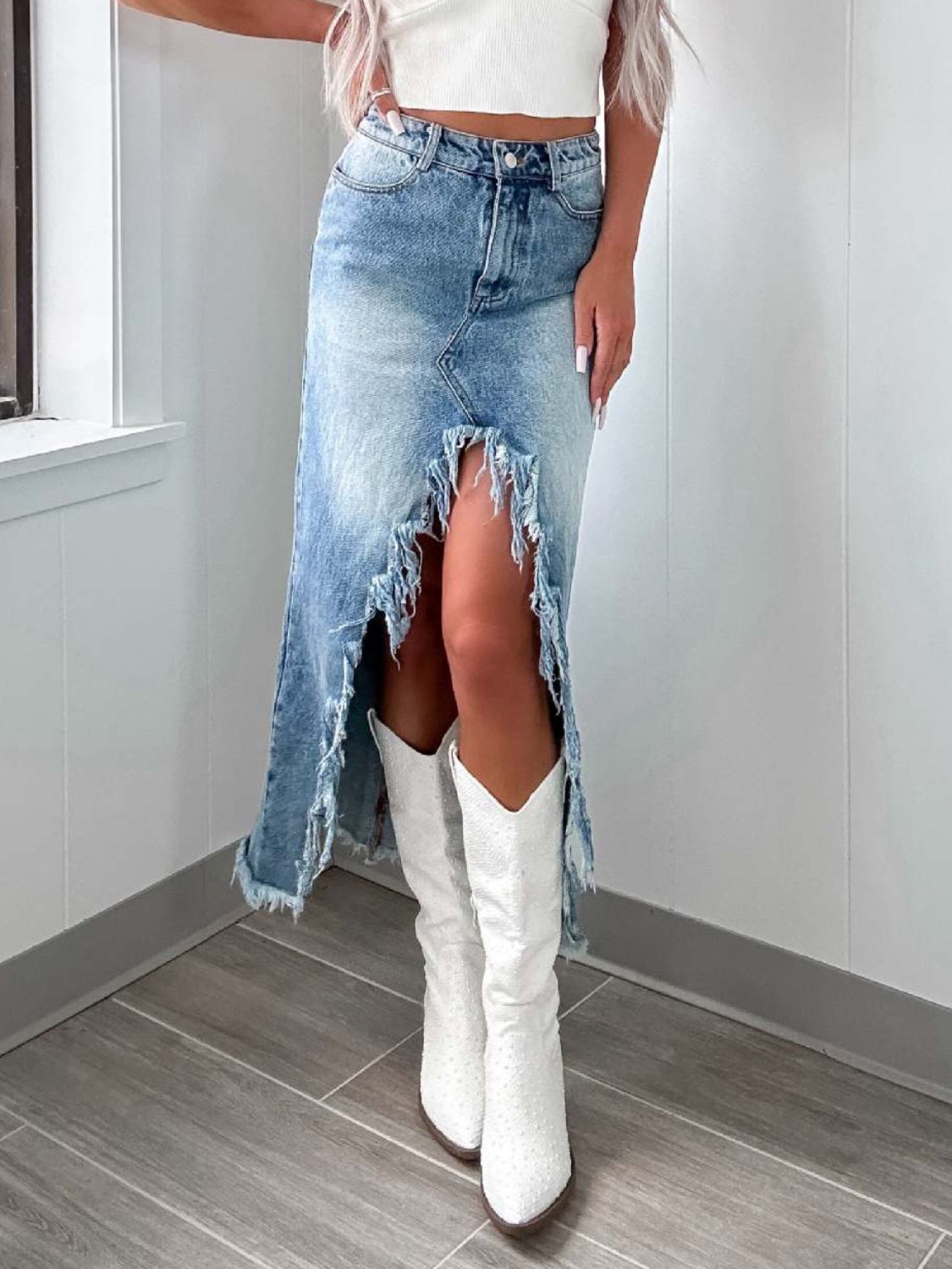 High-Waist Raw Hem Asymmetry Denim Skirt.