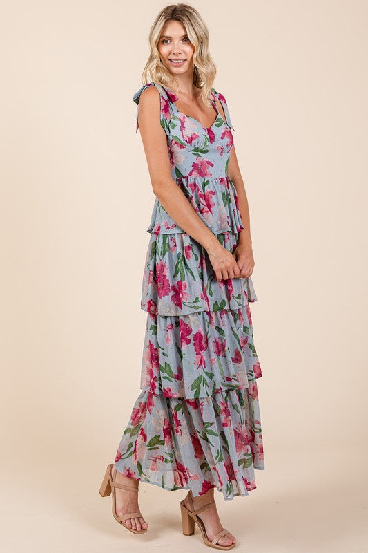 Mittoshop Layered Floral Sweetheart Neck Maxi Dress.