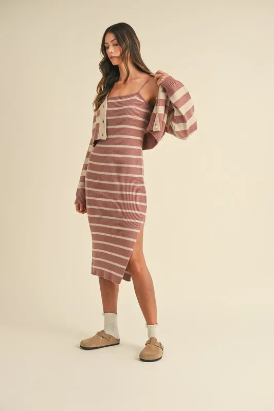 MABLE Stripe Crop Cardigan and Bodycon Dress Sweater Set.