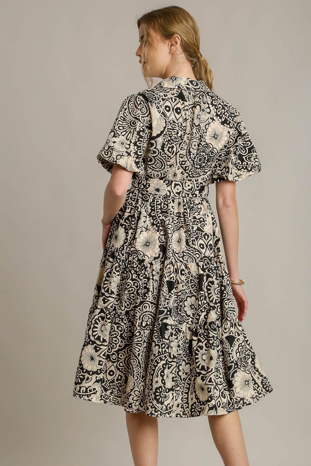 Umgee Full Size Mixed Print A-Line Tiered Midi Dress Plus Size.