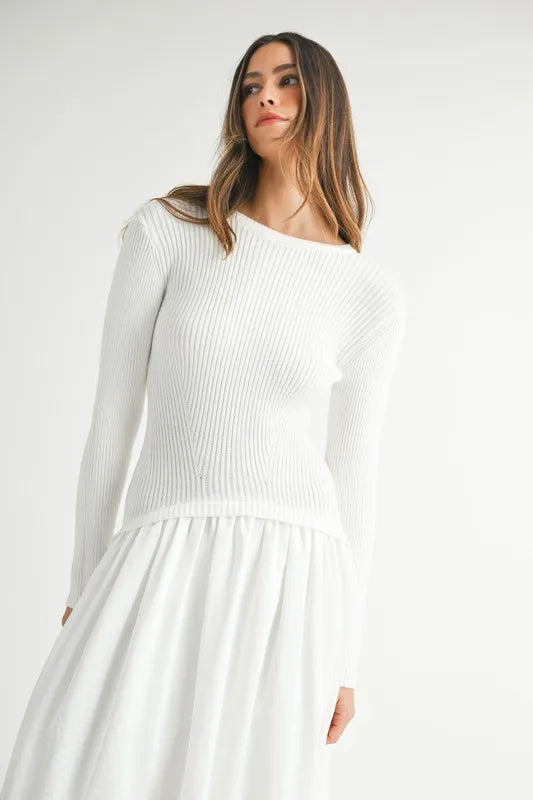 MABLE Ribbed Poplin Mix Midi Sweater Dress.