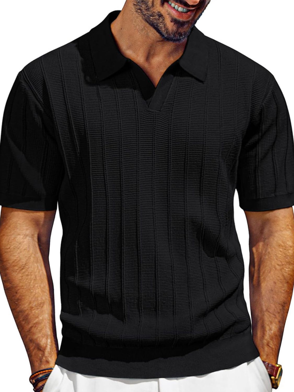 Men's Textured Collared Neck Short Sleeve Polo - Plus Size.
