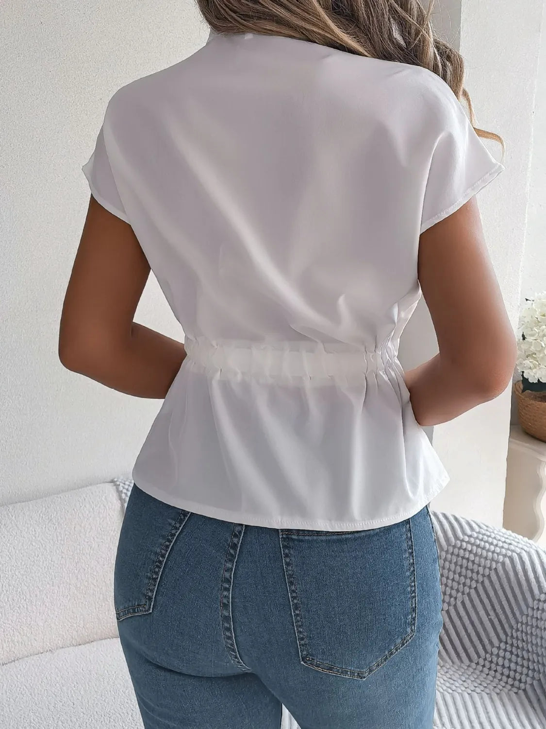 Savvy Notched Short Sleeve Blouse.