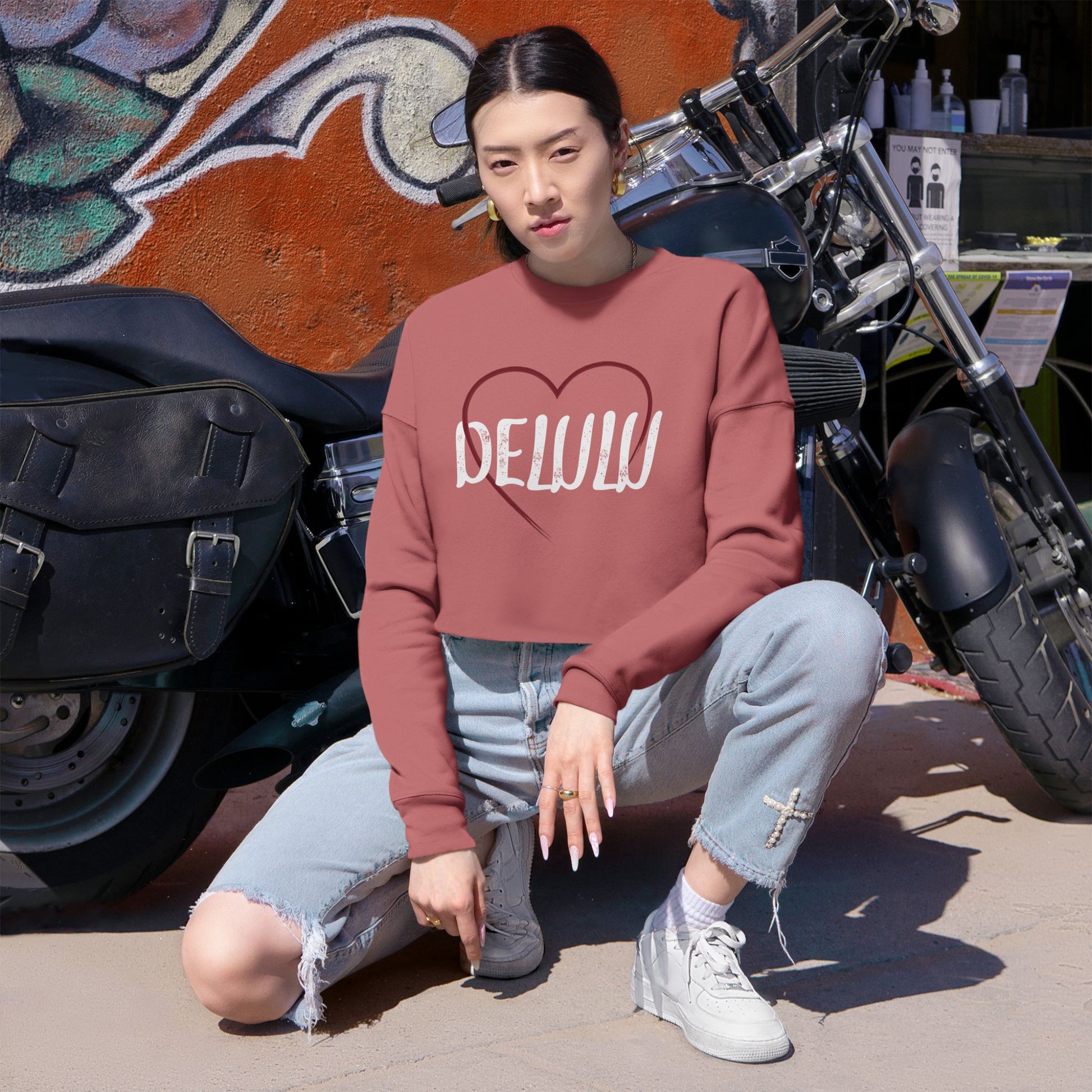 "Delulu" Cropped Crewneck Sweatshirt.