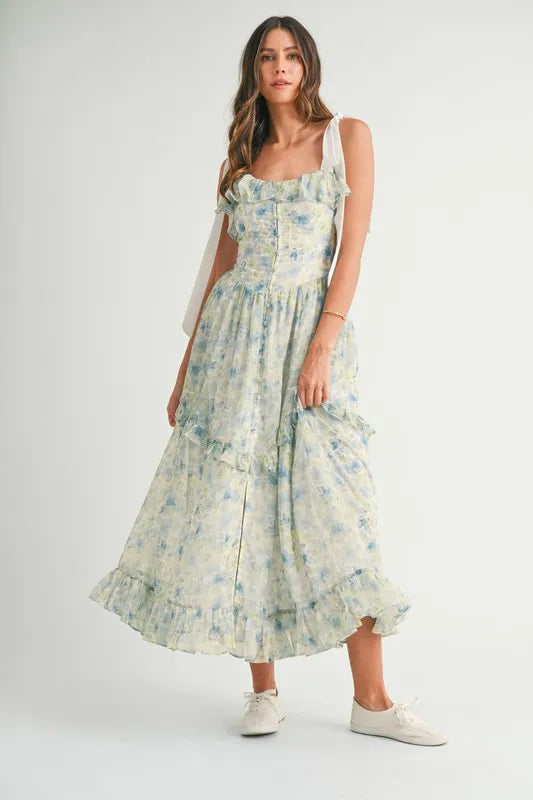 MABLE Floral Printed Shoulder Strap Midi Dress.