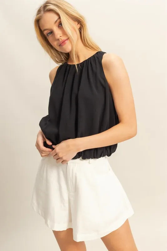 HYFVE Bubble Hem Round Neck Sleeveless Blouse.