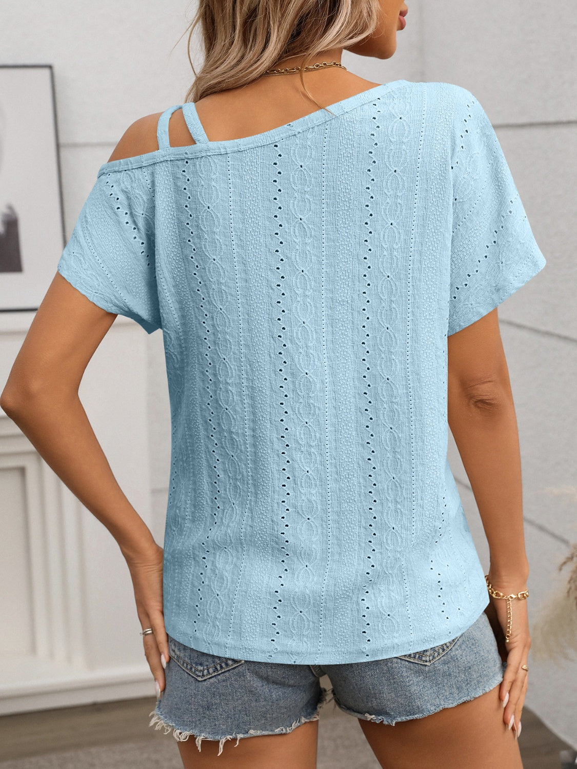 Chic Eyelet Asymmetrical Shoulder Short Sleeve T-Shirt - Unique Fashion Statement.