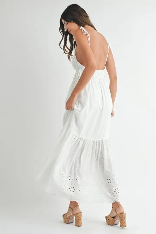 MABLE Eyelet Lace Maxi Dress with Side Strap Details.