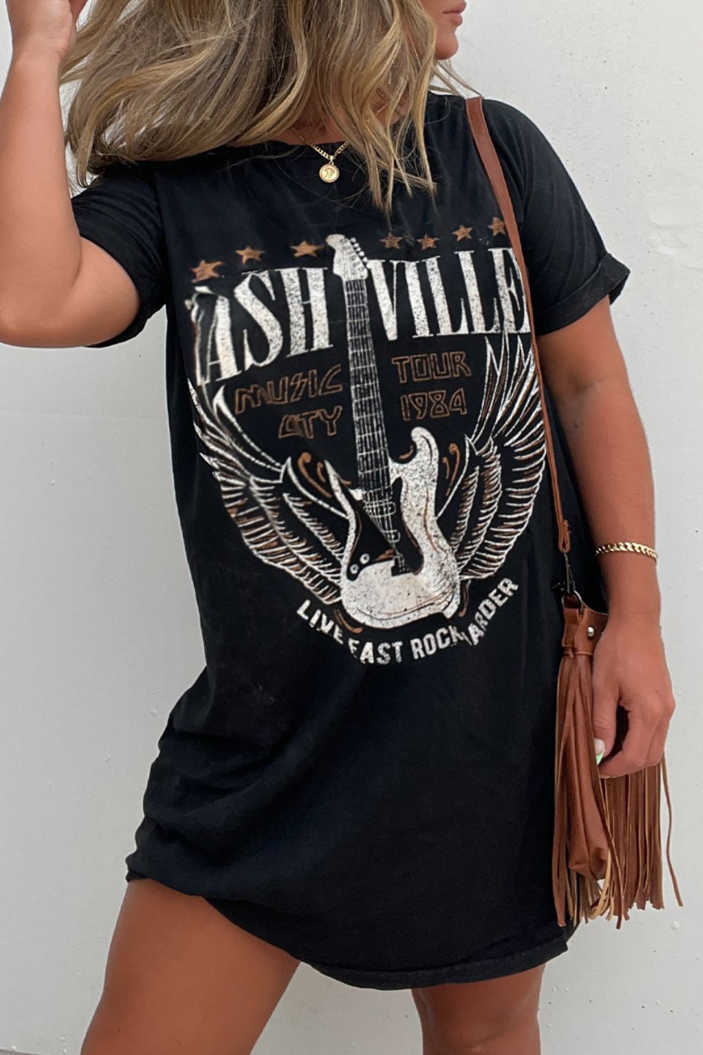 Music City Graphic Round Neck Short Sleeve Tee Dress - Nashville Style.