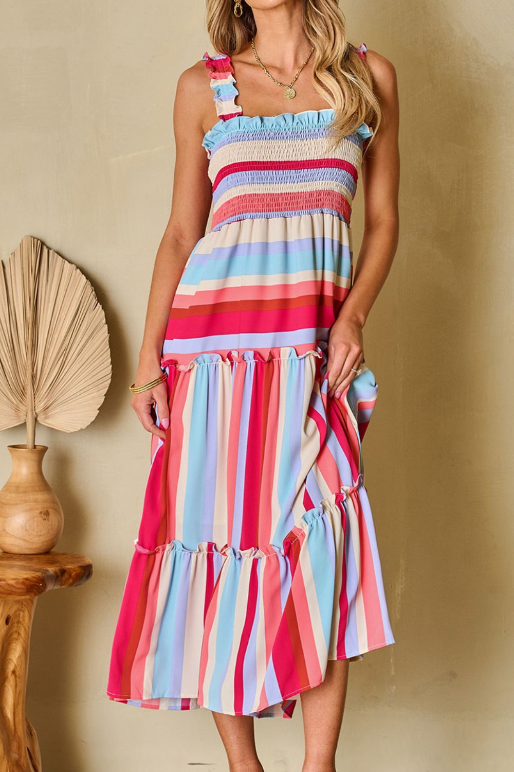 Contrast Stripe Wide Strap Smocked Tiered Dress.
