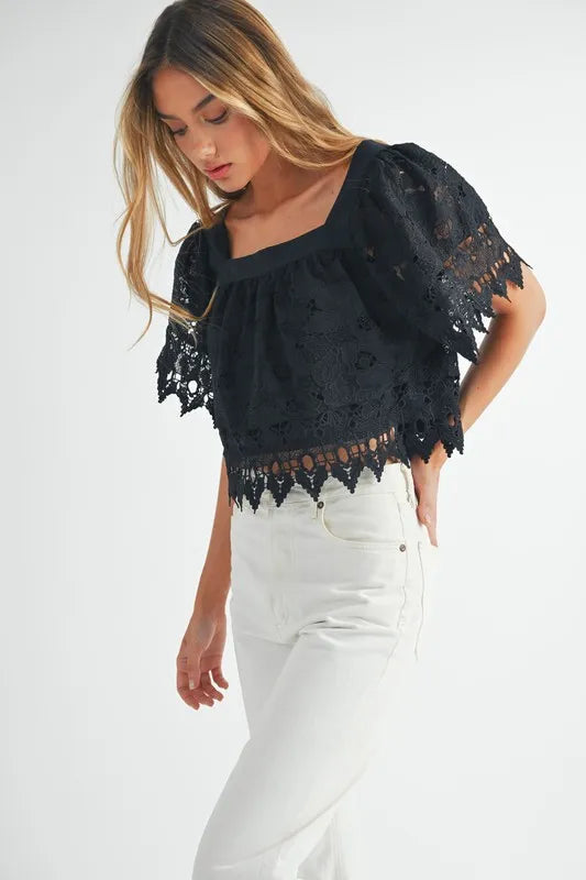 MABLE Square Neck Crochet Lace Top With Double Bow Tie.