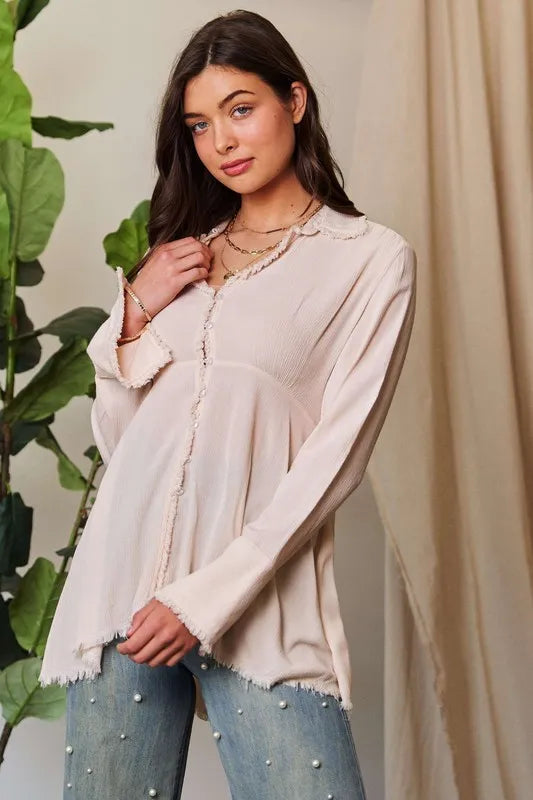 Davi & Dani V-Neck Open Back Adjustable Babydoll Shirt.