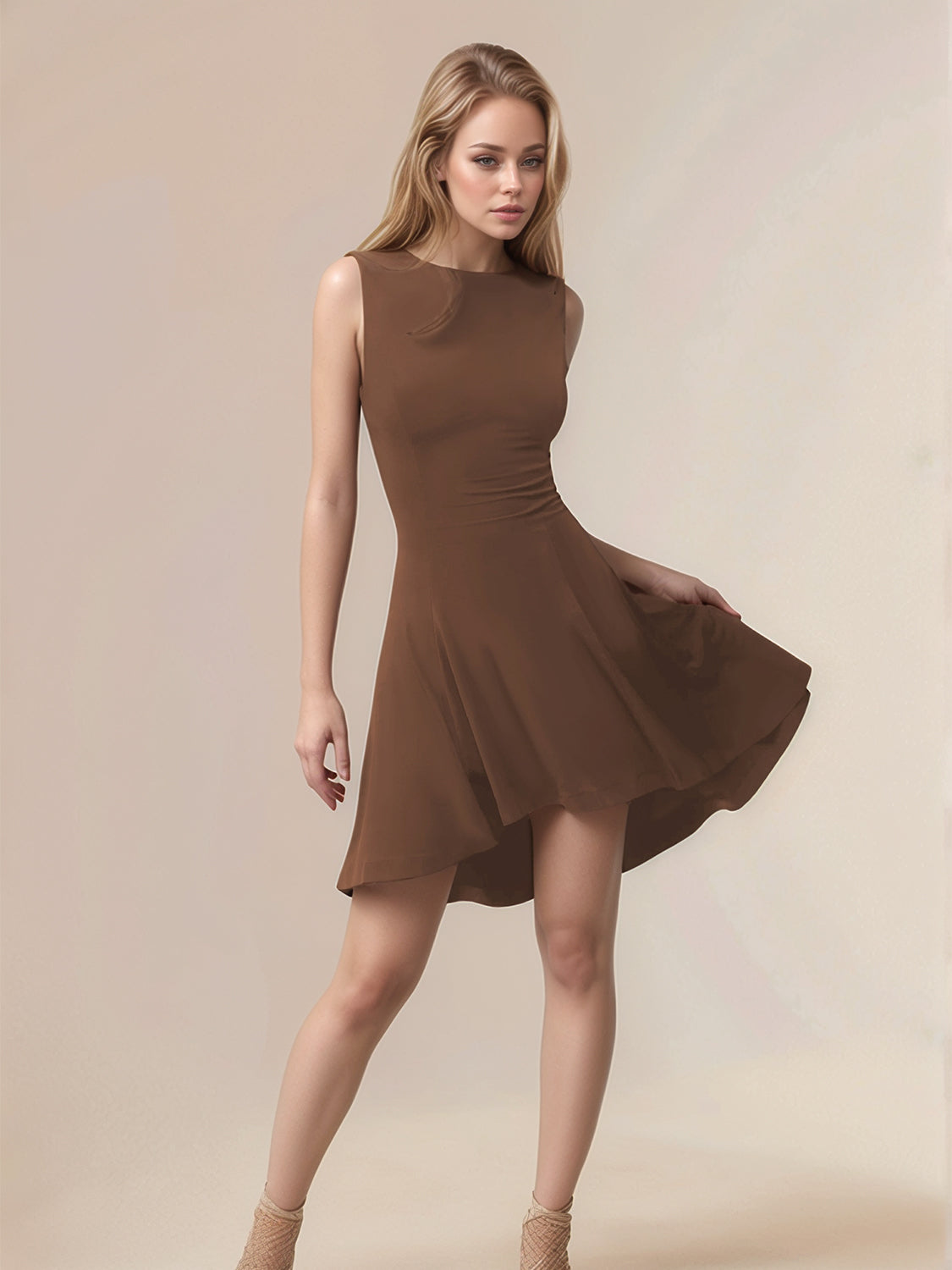 High-Low Round Neck Sleeveless Mini Dress.