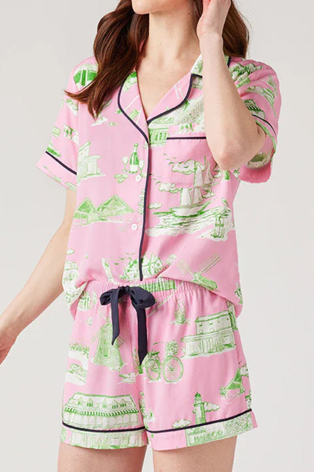 Collared Neck Printed Top and Drawstring Shorts Lounge Set.