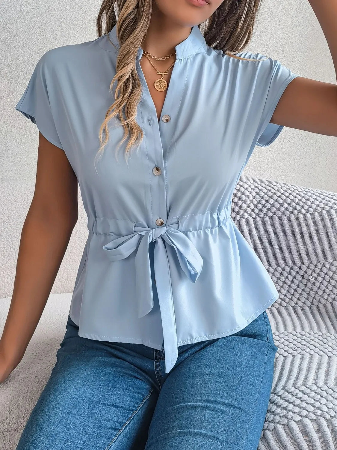 Savvy Notched Short Sleeve Blouse.