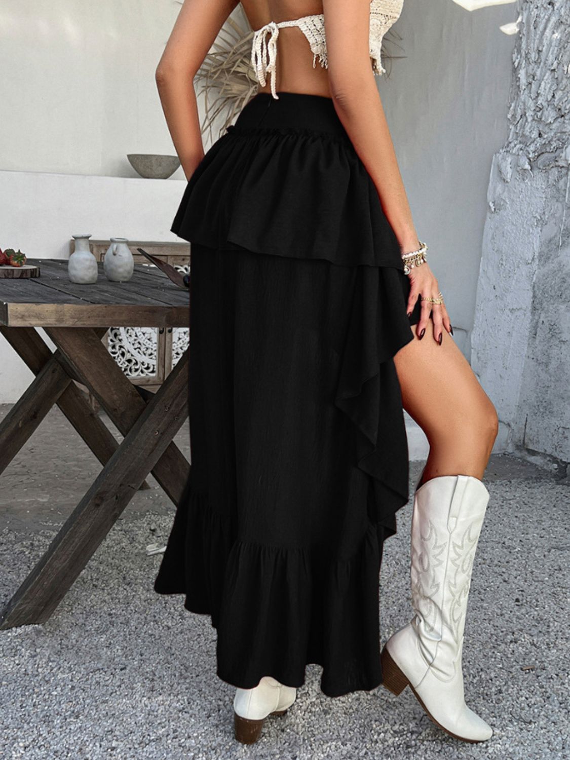 Elegant High-Low Skirt with Ruched Layered Design.