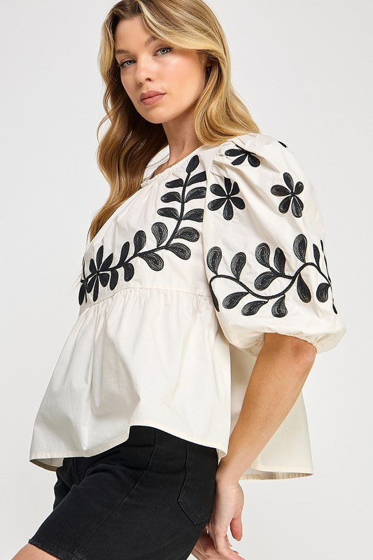 SAGE+FIG Puff-Sleeve Embroidered Peplum Blouse.