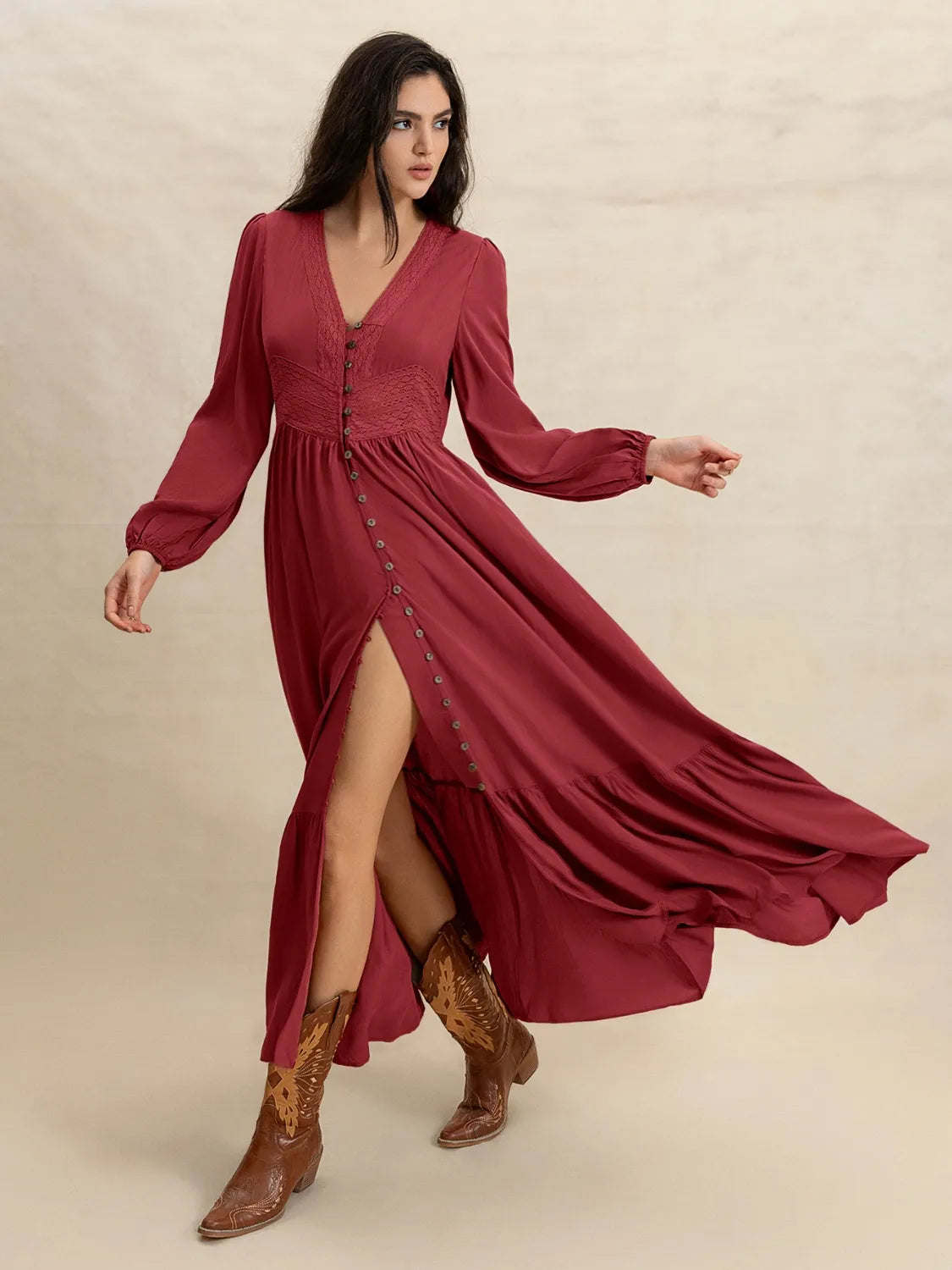 V-Neck Balloon Sleeve Ruffled Hem Maxi Dress.