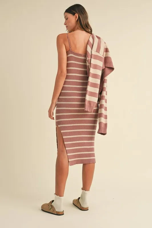 MABLE Stripe Crop Cardigan and Bodycon Dress Sweater Set.