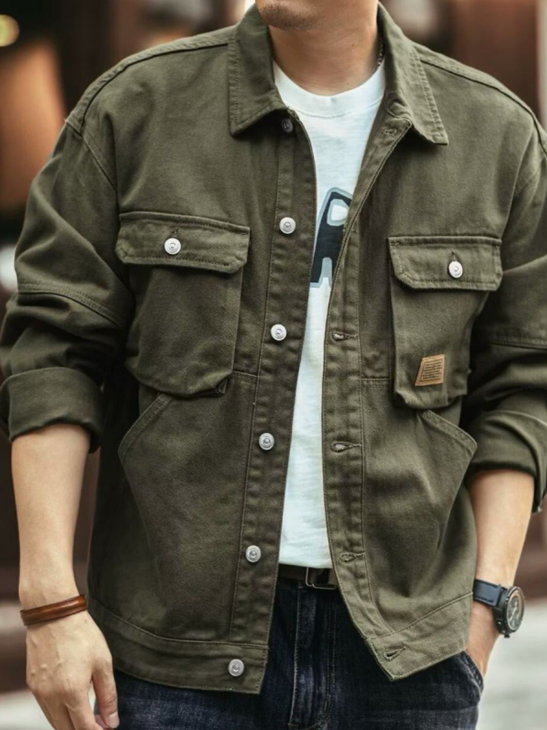 Washed Collared Neck Cargo Jacket for Men.