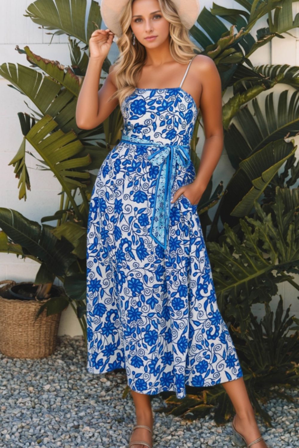 Floral Printed Spaghetti Strap Maxi Dress with Waist Tie.