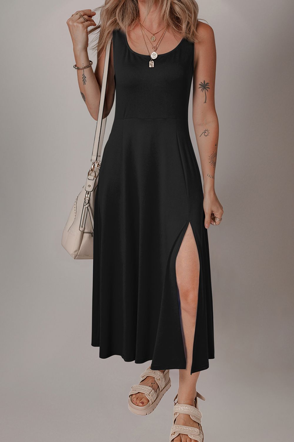 Side Slit Scoop Neck Wide Strap Dress.