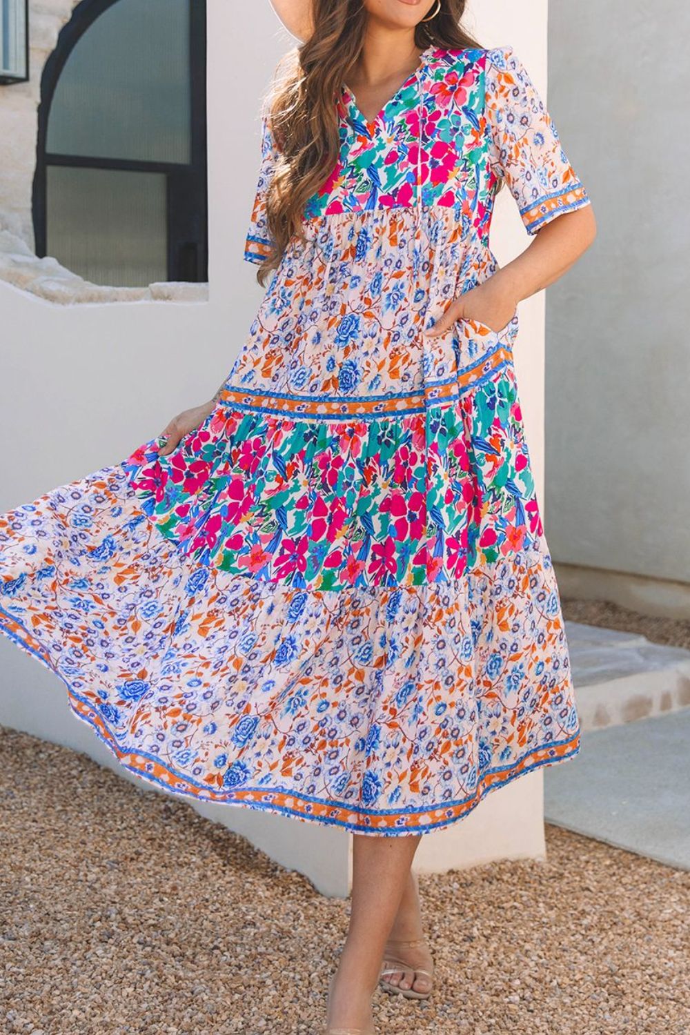 Mixed Floral Print Tie Neck Short Sleeve Dress.