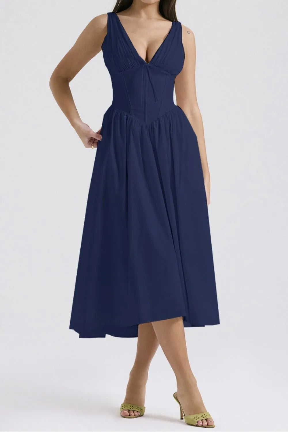 Ruched V-Neck Dress with Pockets.