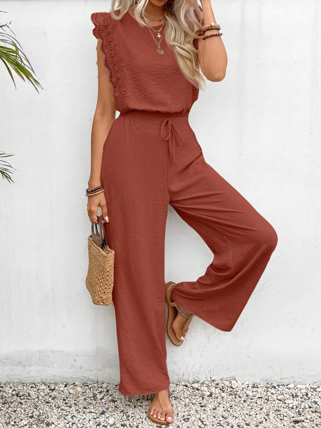 Elegant Lace Trim Round Neck Top and Pants Set - Refined Comfort.