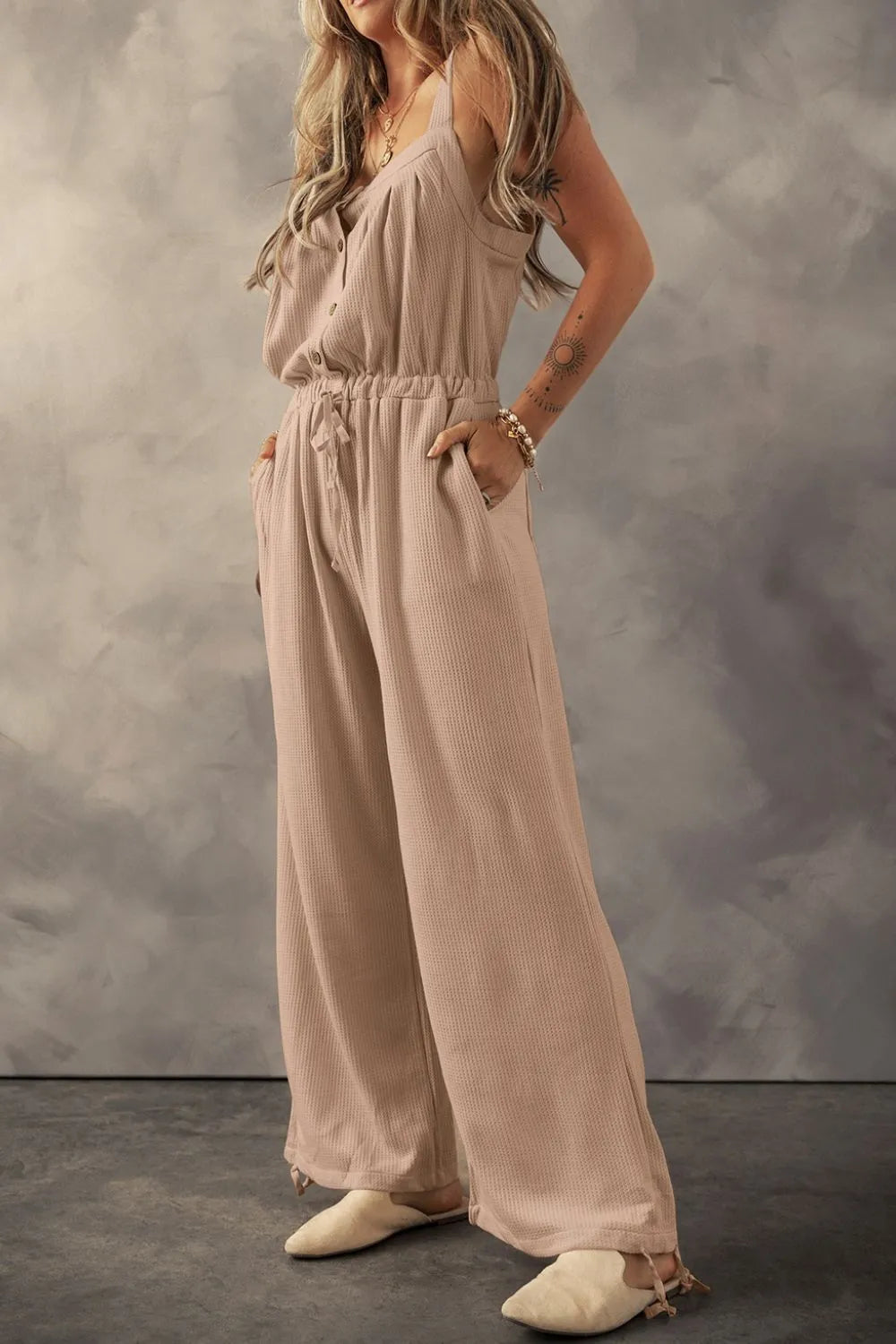 Trendy Knotted Straps Drawstring Jumpsuit.