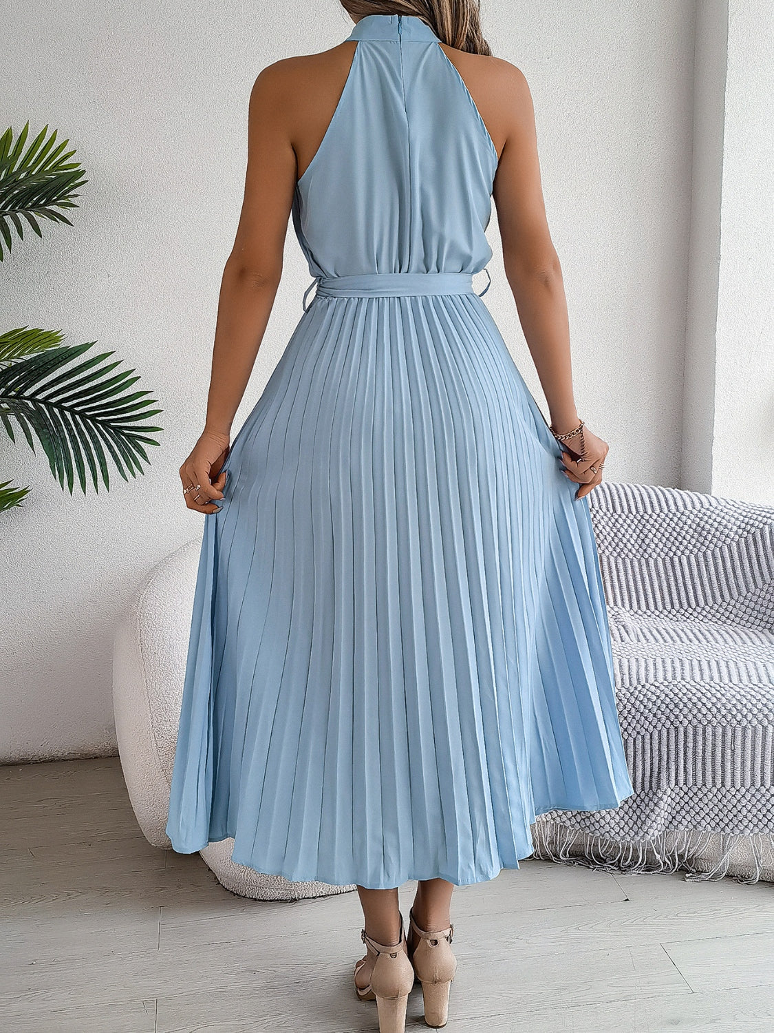 Grecian Neck, Tie Waist, Pleated Dress.
