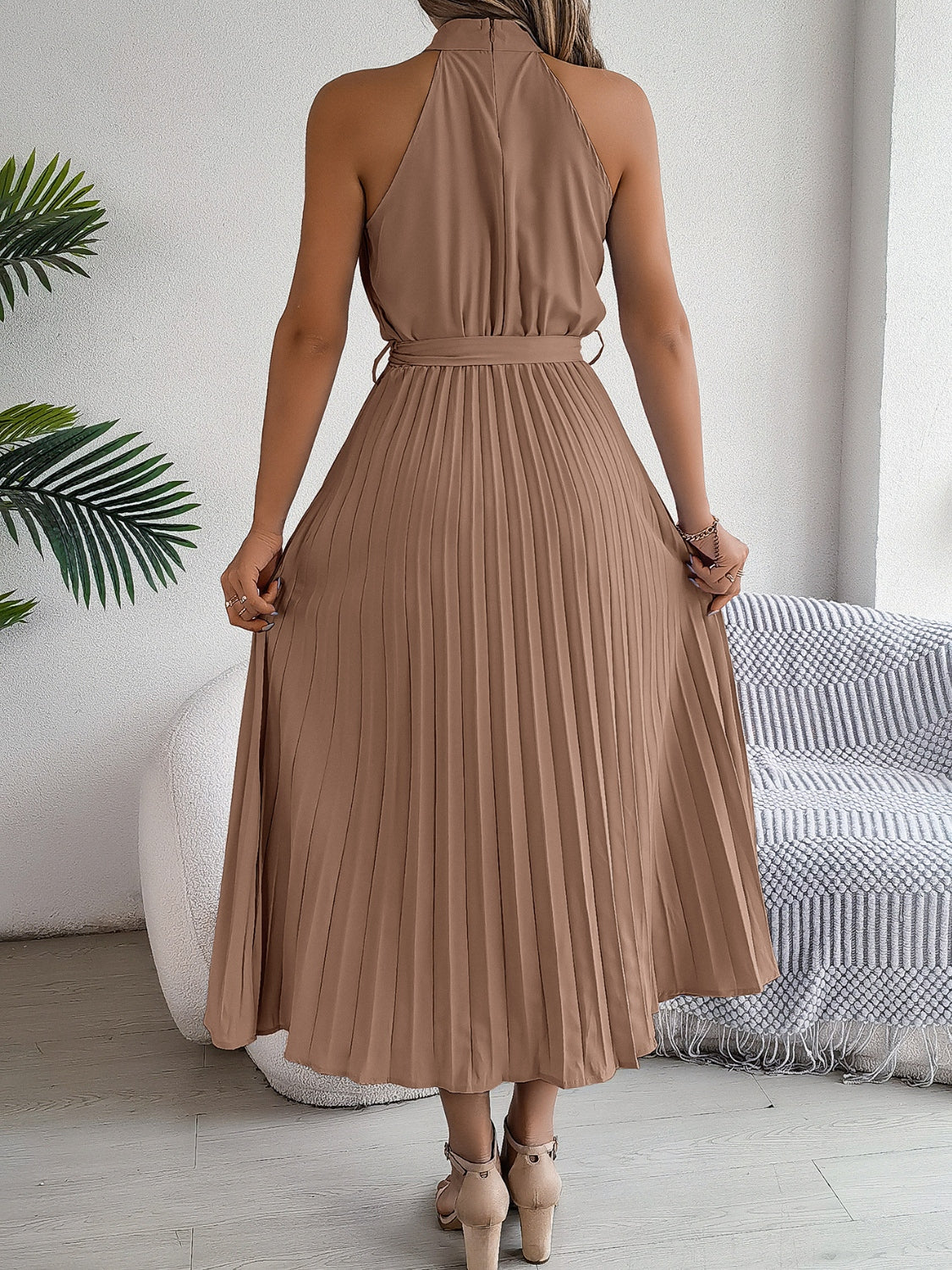 Grecian Neck, Tie Waist, Pleated Dress.