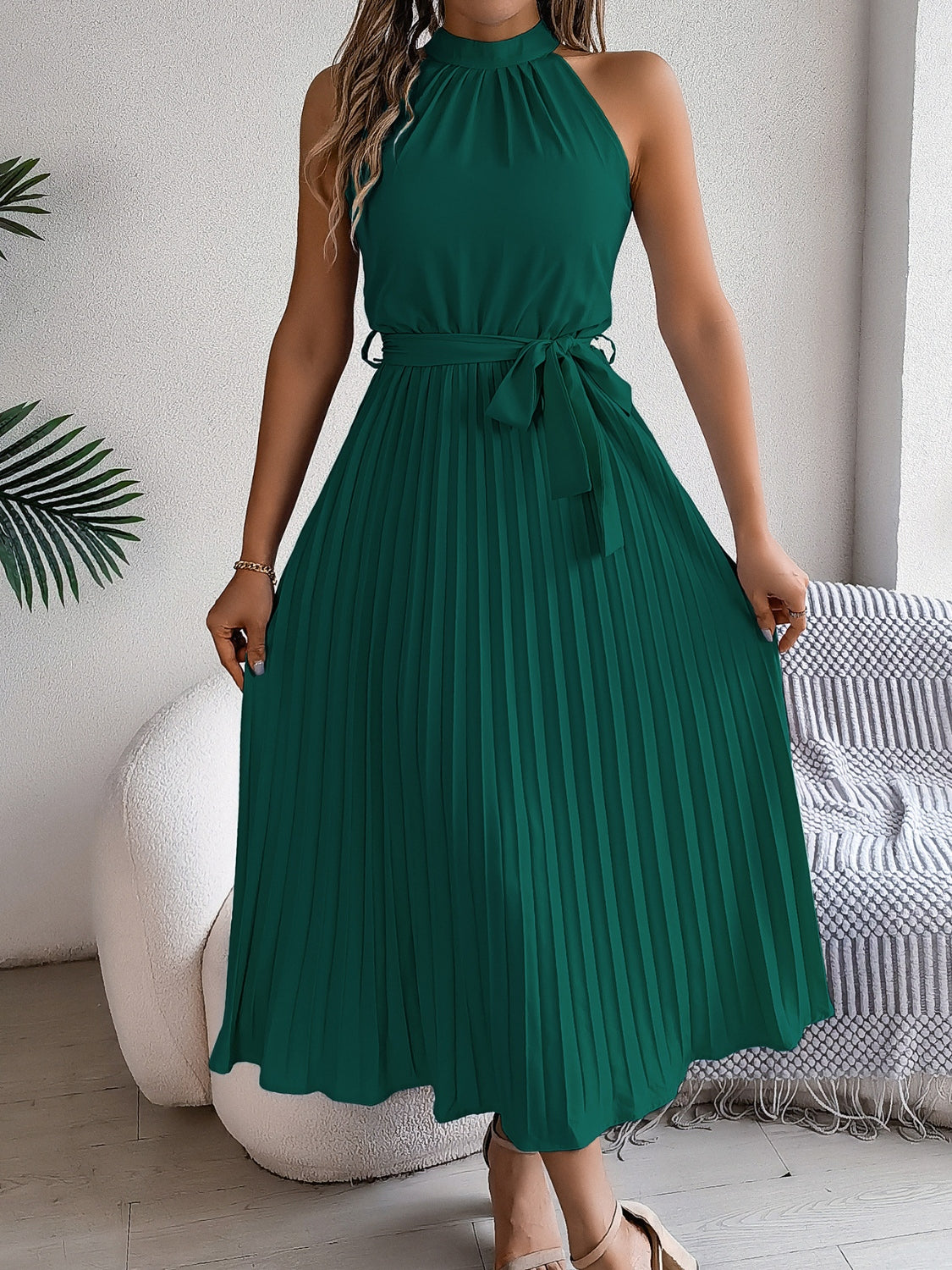 Grecian Neck, Tie Waist, Pleated Dress.