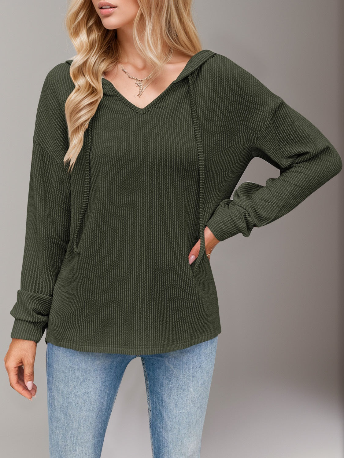 Double Take Drawstring Dropped Shoulder Long Sleeve Hoodie.