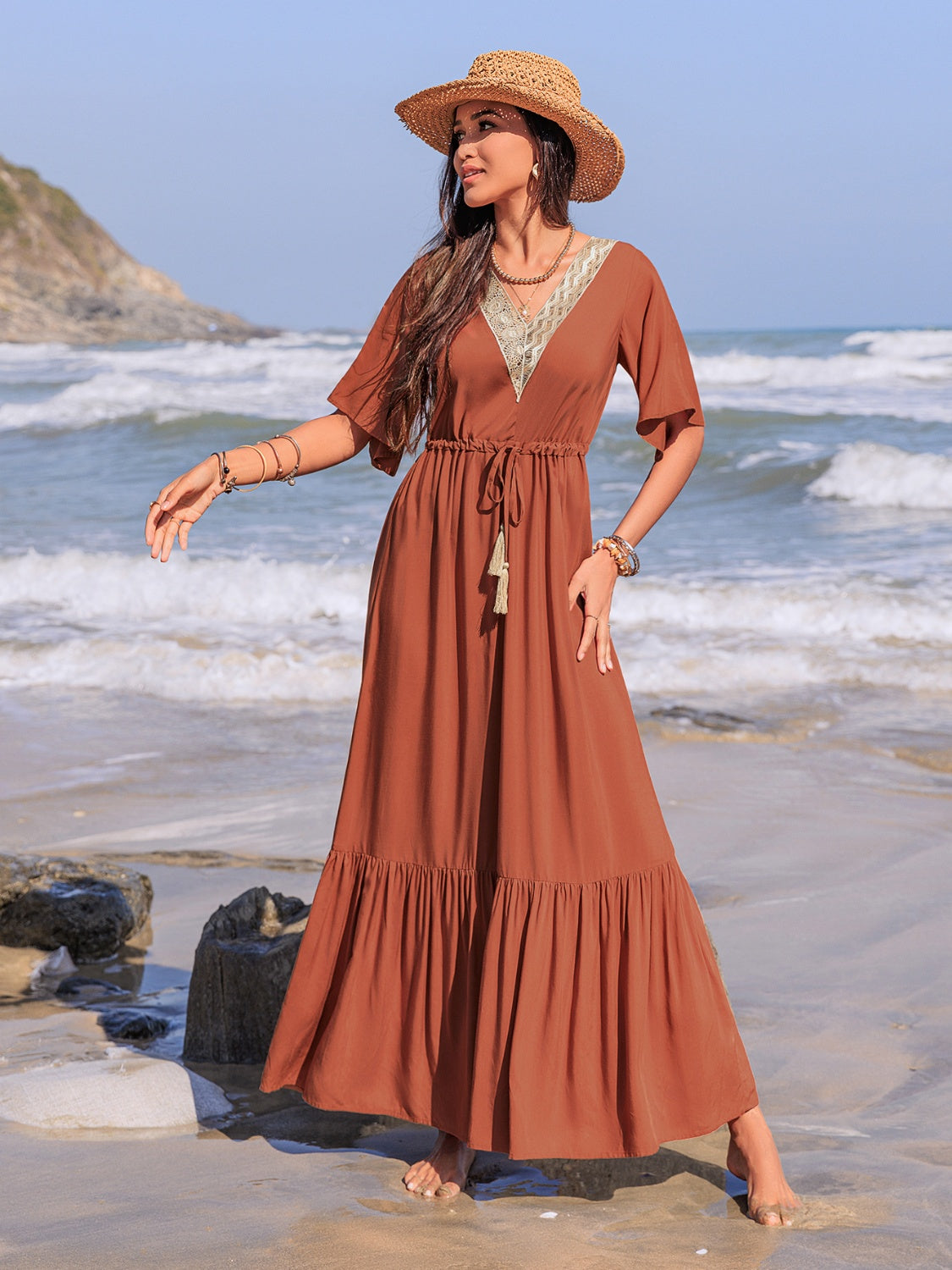 Ruffled Tassel V-Neck Flutter Sleeve Dress.