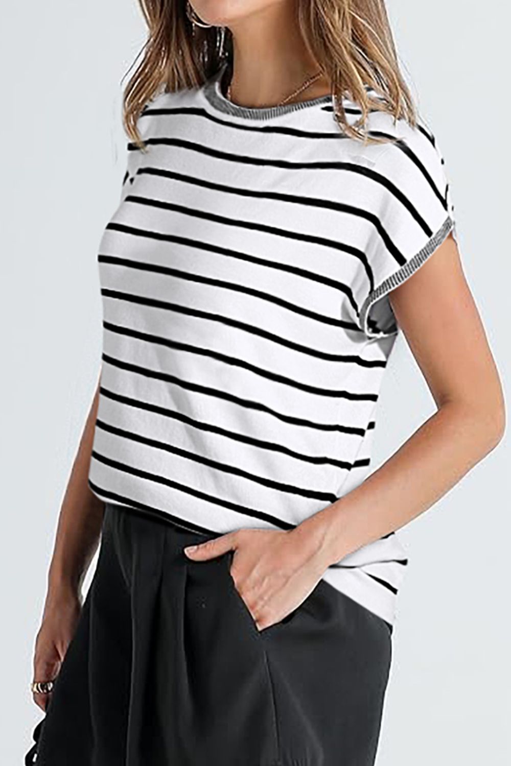 Classic Striped Short Sleeve Knit Top - Timeless Versatility.