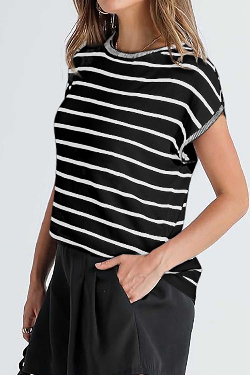 Classic Striped Short Sleeve Knit Top - Timeless Versatility.