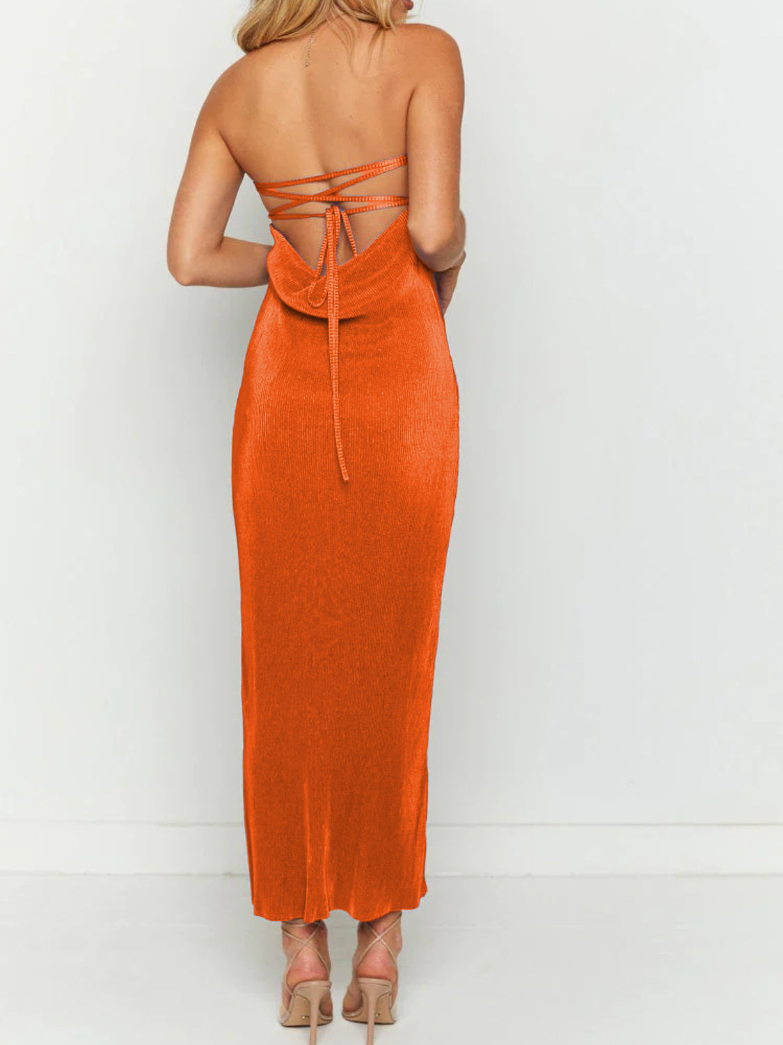 Lace-Up Back Tube Maxi Dress.