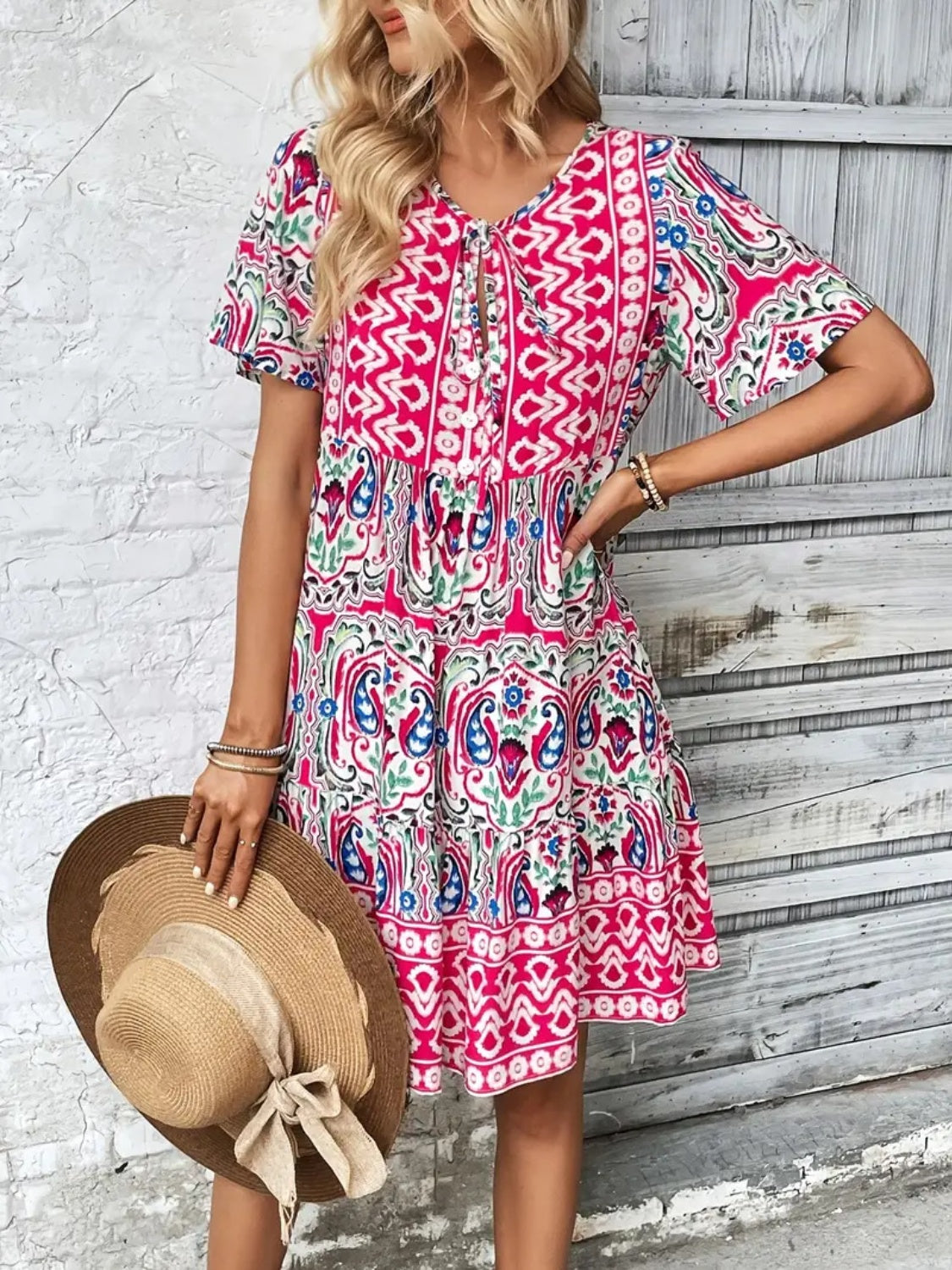 Printed Tie Neck Short Sleeve Dress.