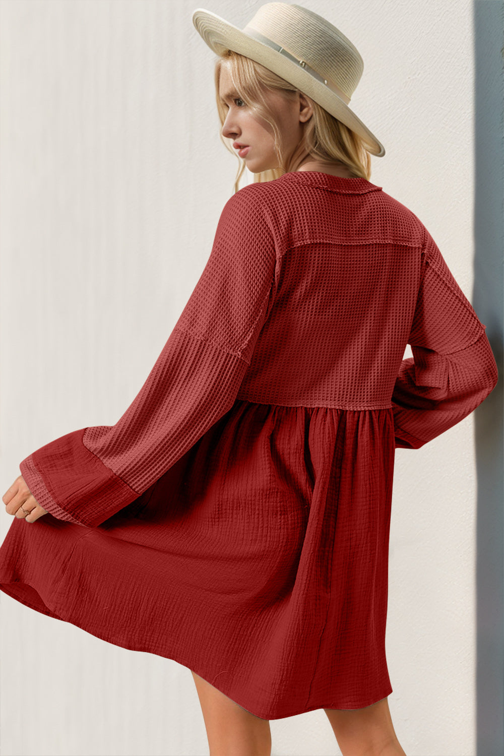 Double Take Waffle-Knit Contrast Half Button V-Neck Long Sleeve Mini Dress.