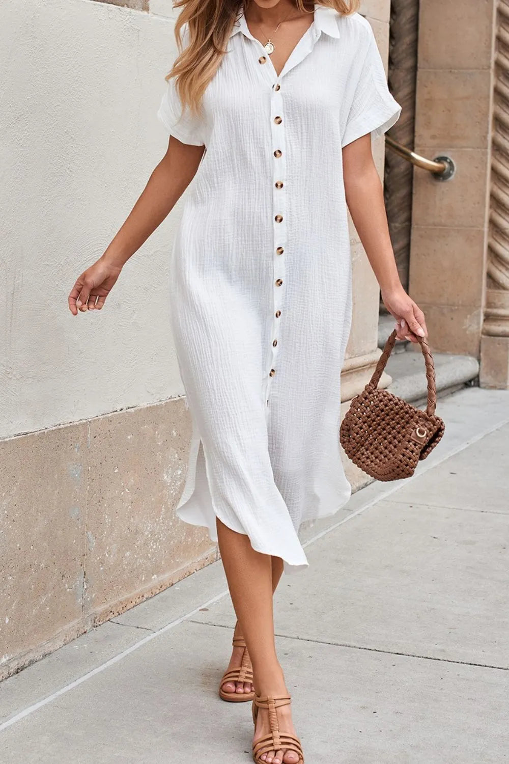 Effortlessly Chic - Button Down Short Sleeve Midi Shirt Dress.