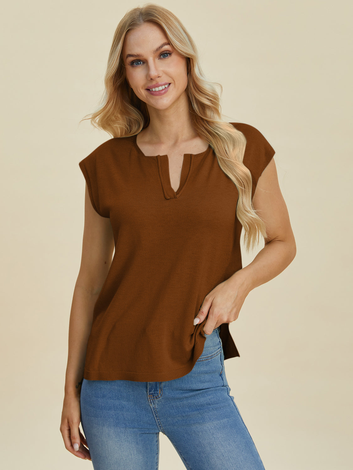 Double Take Full Size Notched Cap Sleeve Knit Top.