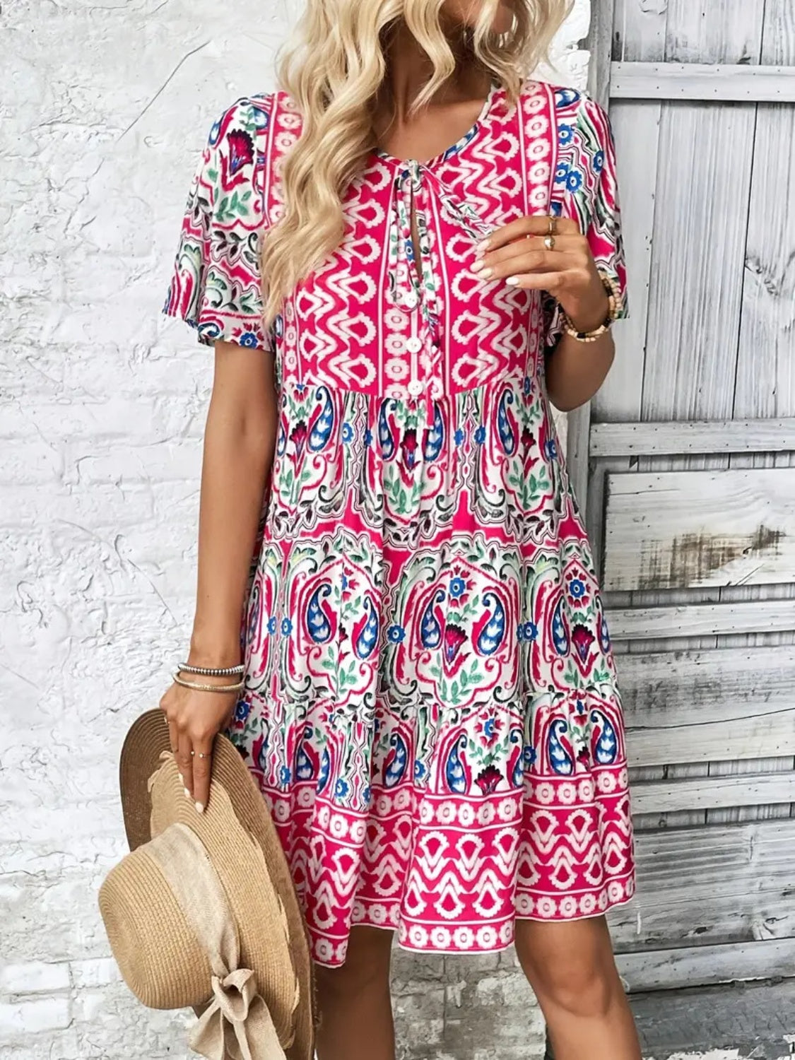Printed Tie Neck Short Sleeve Dress.