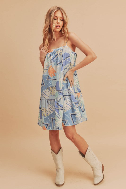 Aemi + Co Printed Ruffled Hem Square Neck Mini Cami Dress.