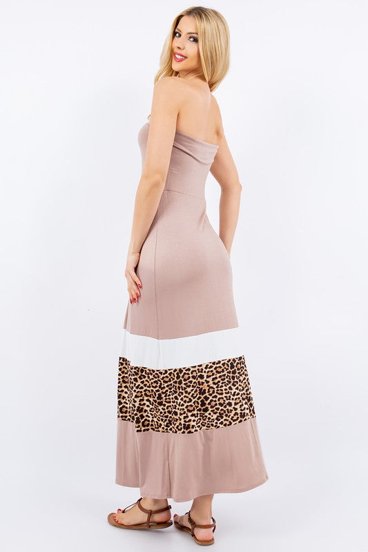 Celeste Leopard Color Block Tube Maxi Dress.