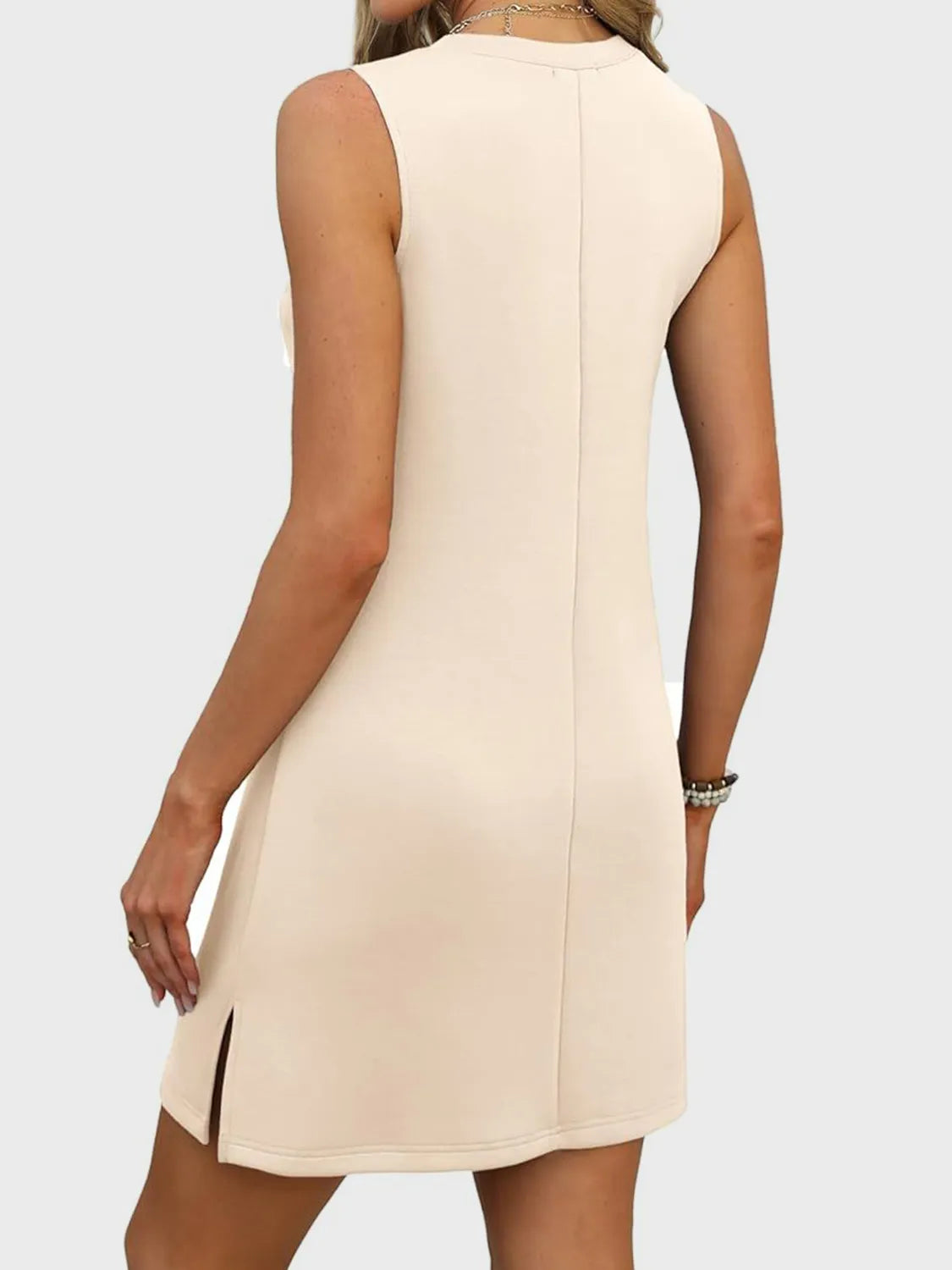 Slit V-Neck Sleeveless Mini Dress.