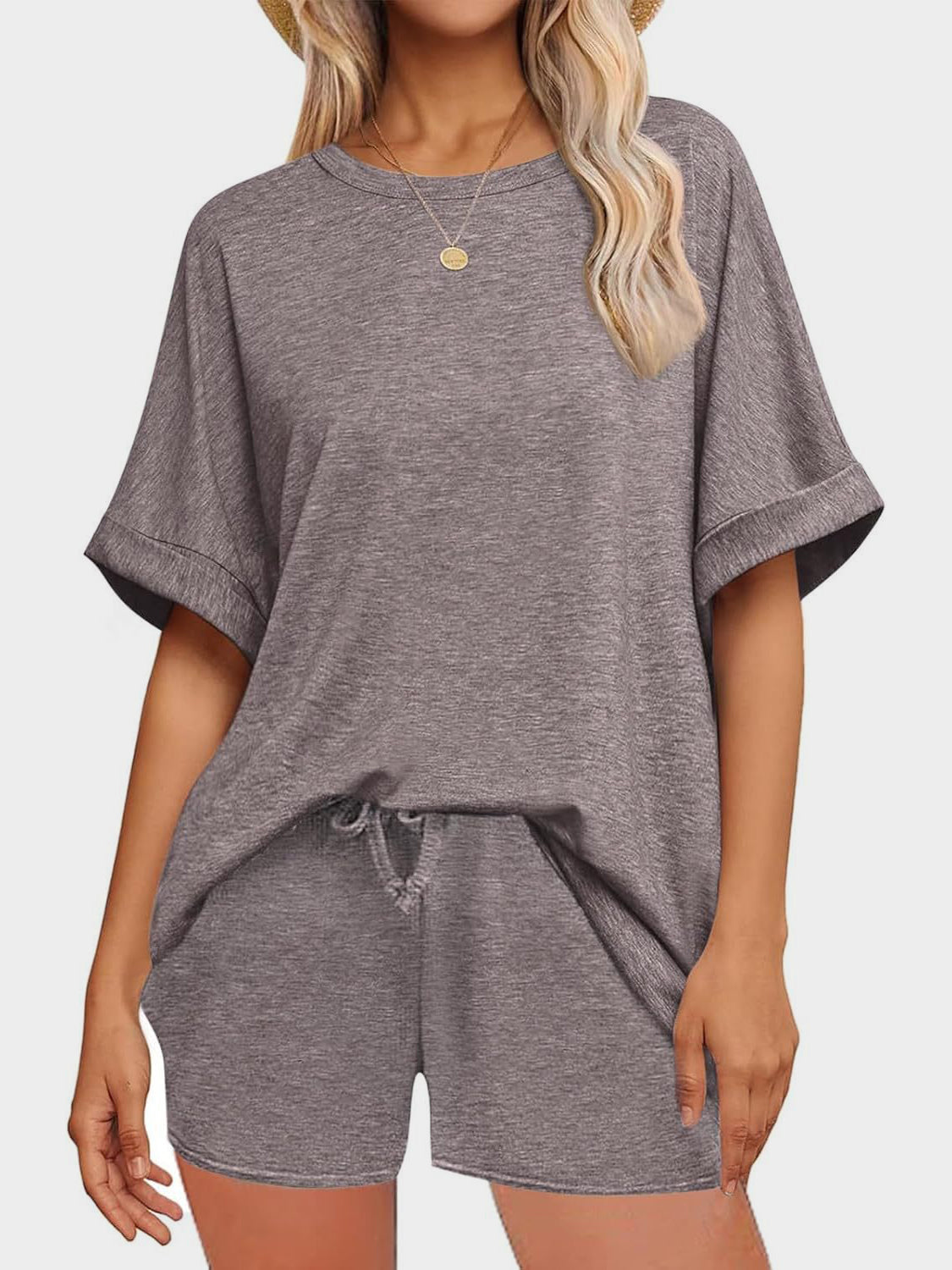 Comfortable and Stylish Round Neck T-Shirt and Drawstring Shorts Set.