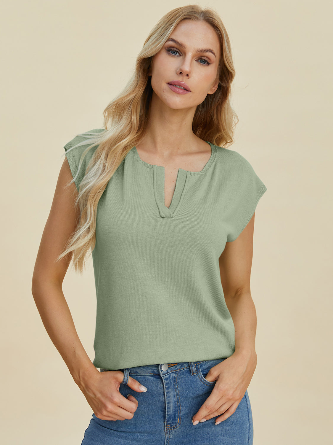Double Take Full Size Notched Cap Sleeve Knit Top.